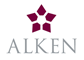 Alken logo with symbol made from five maroon pentagons